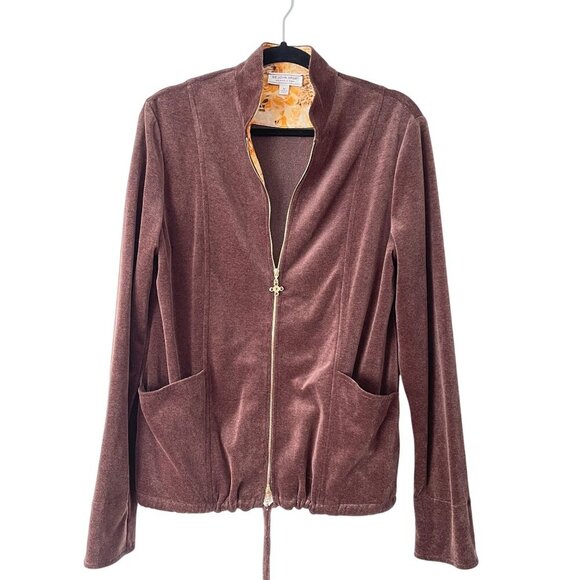 St. John Sport Tops - St. John Sport Size M Brown Velour Zip-Up Jacket Sweater Drawstring Hem